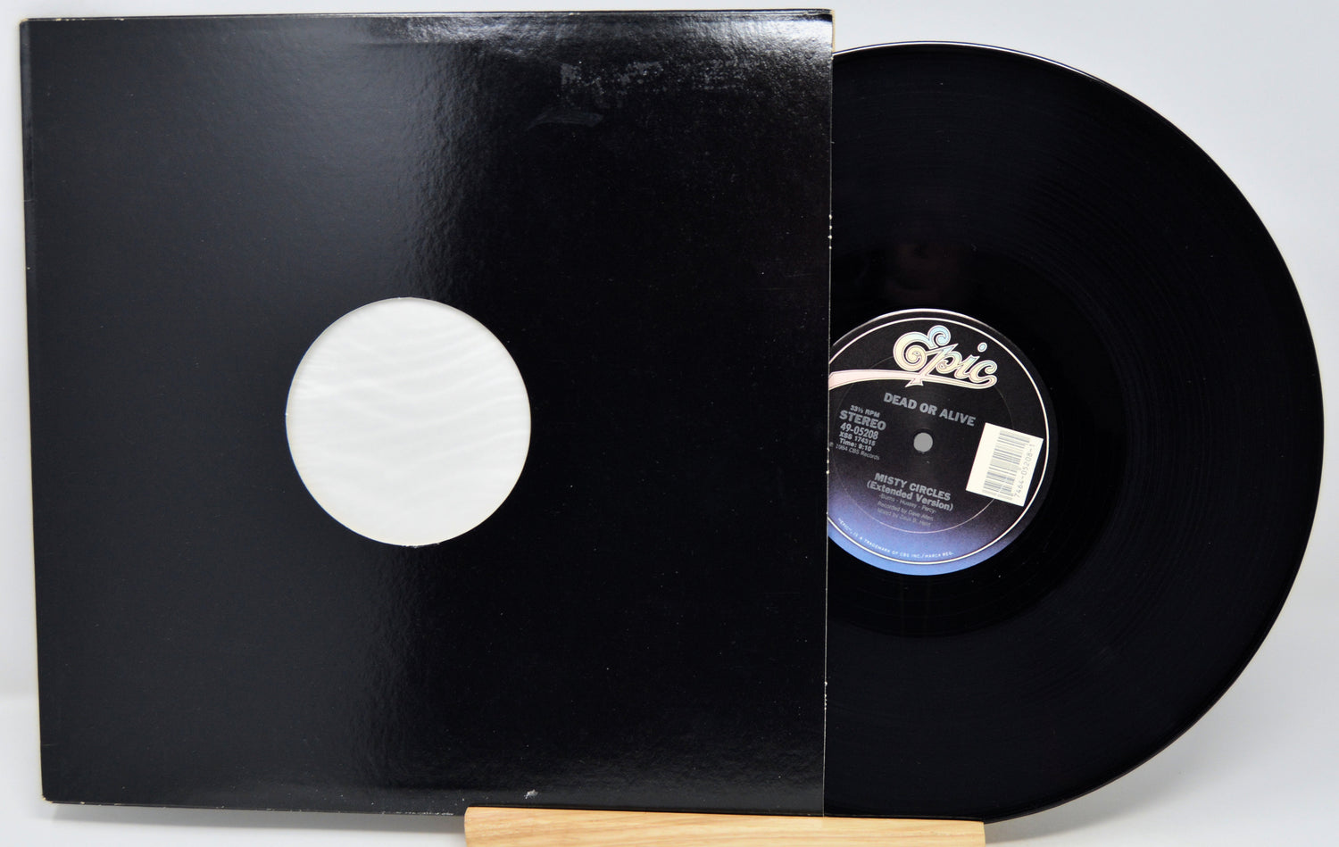 Black vinyl record with a white label on a white background