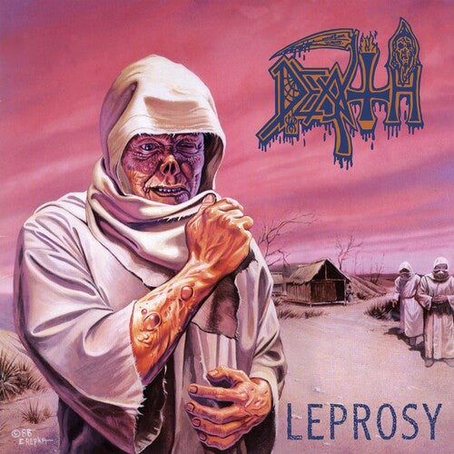 Album cover with a hooded figure and text 'Doom' and 'Leprosy' against a pink sky.