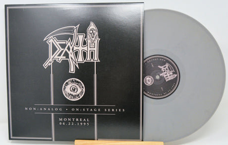 Front cover and grey vinyl of Death – Non:Analog On:Stage Series Montreal 1995, featuring logo and artwork