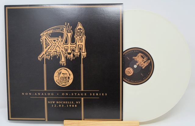 Front cover and white vinyl of Death Non:Analog On:Stage Series LP New Rochelle 1988