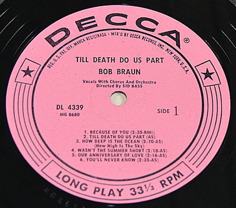Close-up of Decca record label for Bob Braun's 'Till Death Do Us Part' LP, featuring track listing