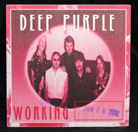 A square Deep Purple 'Working' backstage pass, featuring the band members in a circular frame with pink and red borders and text.