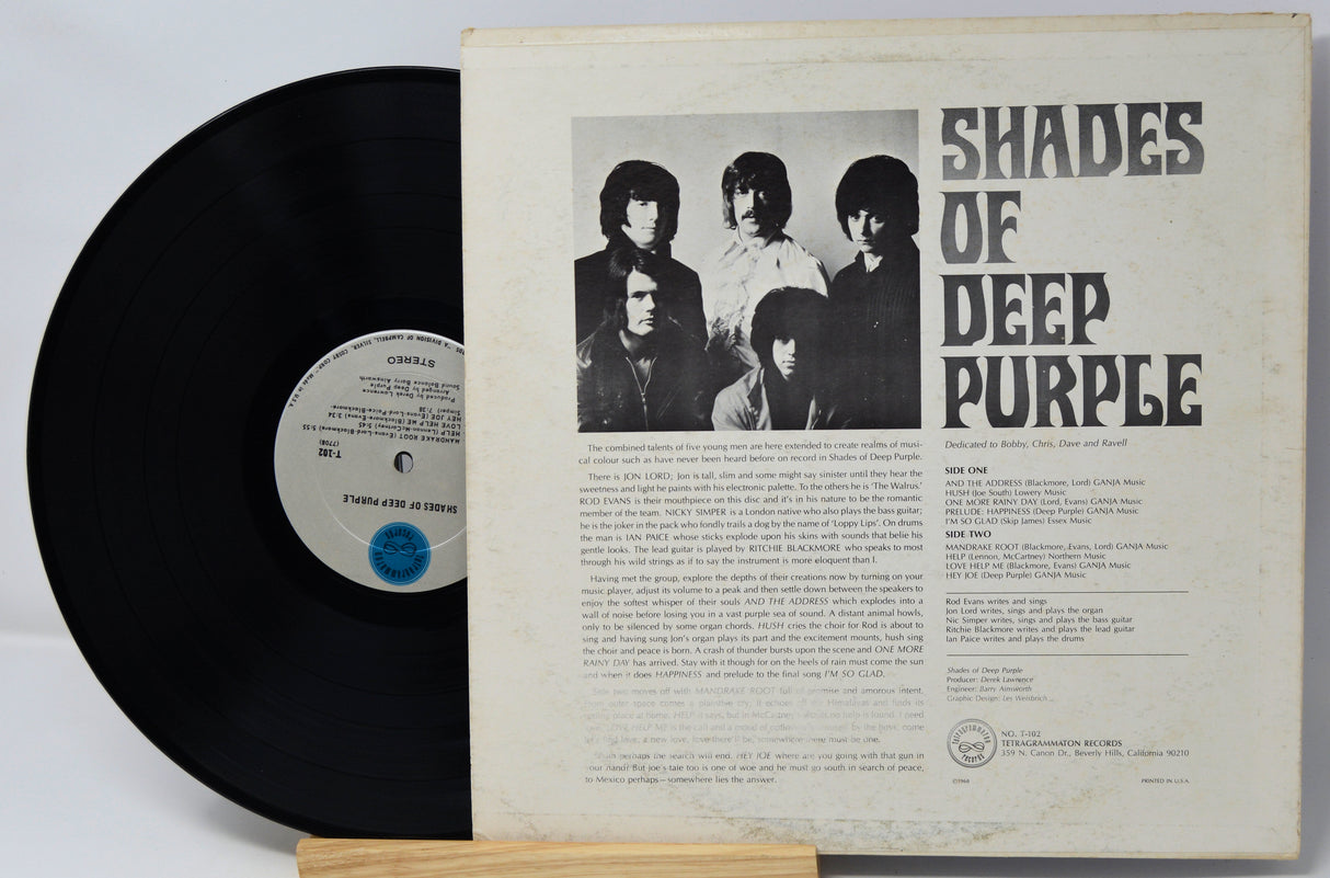 Vinyl record with 'Shades of Deep Purple' cover featuring band members.