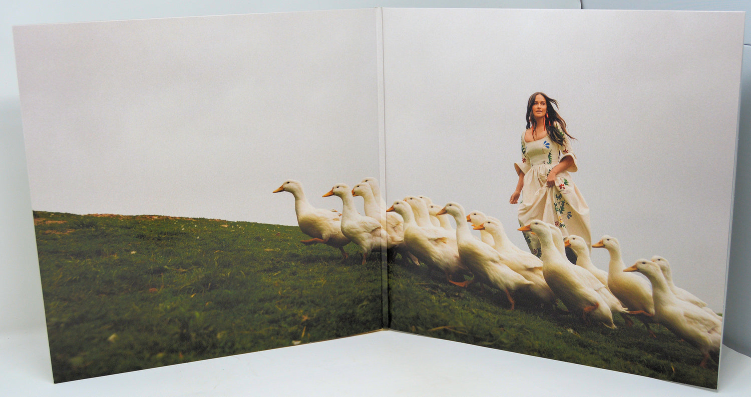 Gatefold artwork of Deeper Well album featuring a woman in a floral dress walking with white ducks on a grassy hill