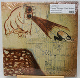 Vinyl record cover with artistic design and text on a beige background