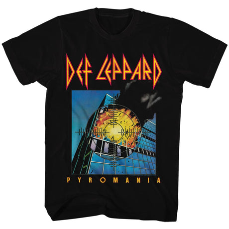 Black t-shirt with Def Leppard 'Pyromania' album cover design on a white background