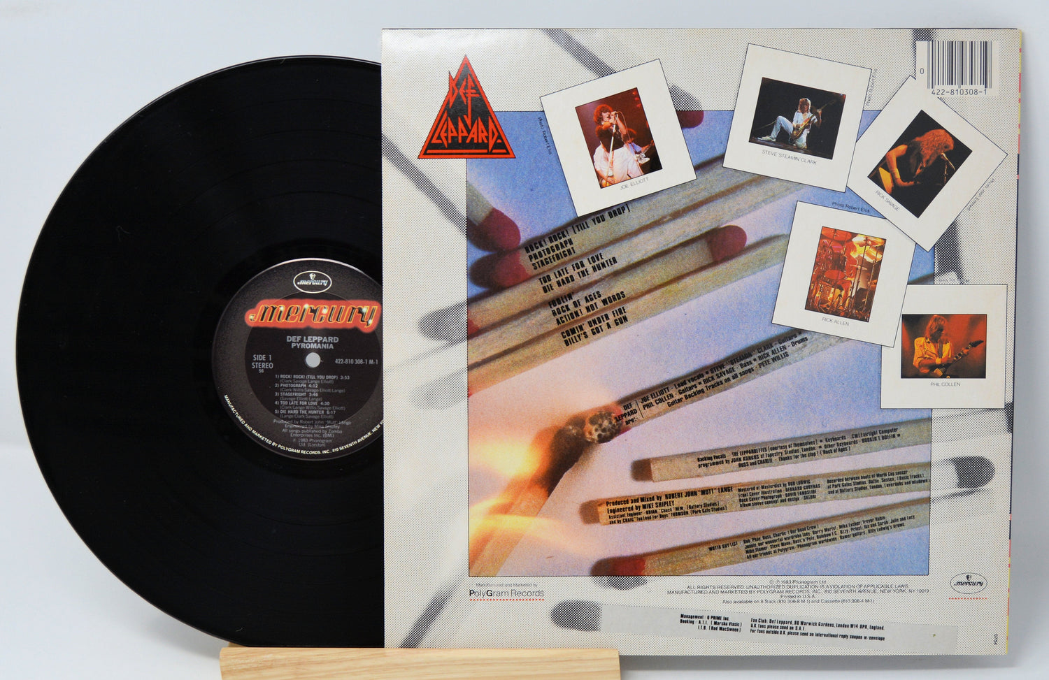 Back cover of Def Leppard's Pyromania vinyl record showing track list and band photos