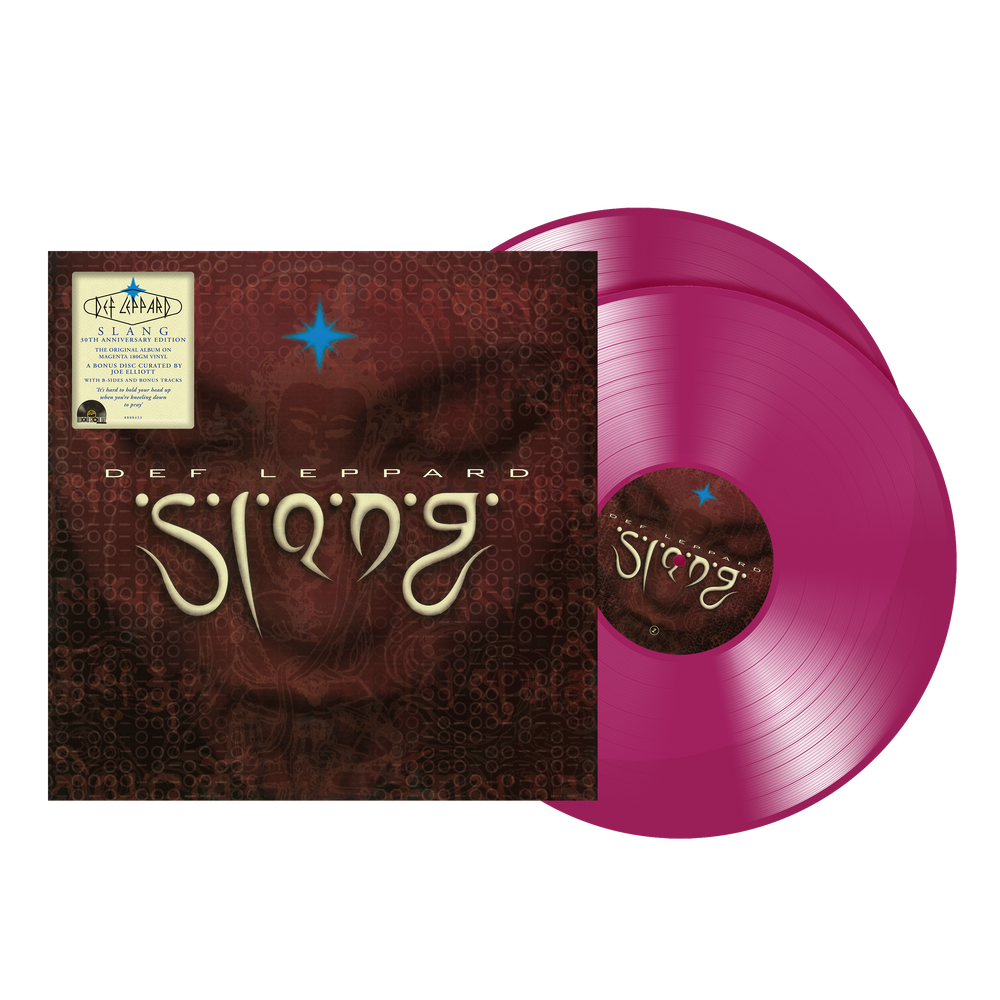 Pink vinyl record with Def Leppard album cover on a white background