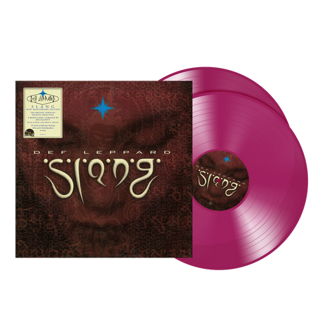 Pink vinyl record with Def Leppard album cover on a white background