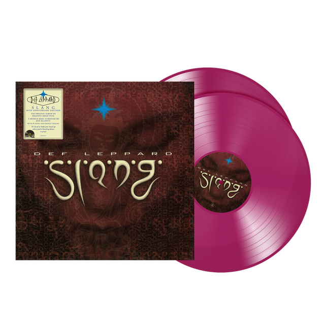 Pink vinyl record with Def Leppard album cover on a white background