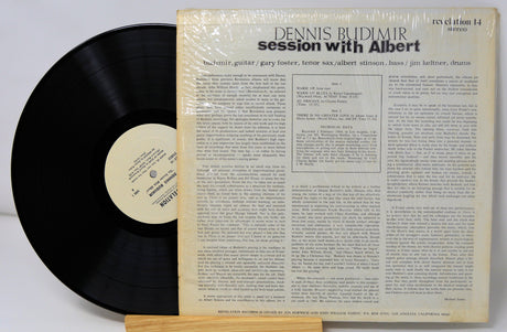 Back cover and vinyl record of Dennis Budimir's 'Session With Albert' jazz LP featuring liner notes