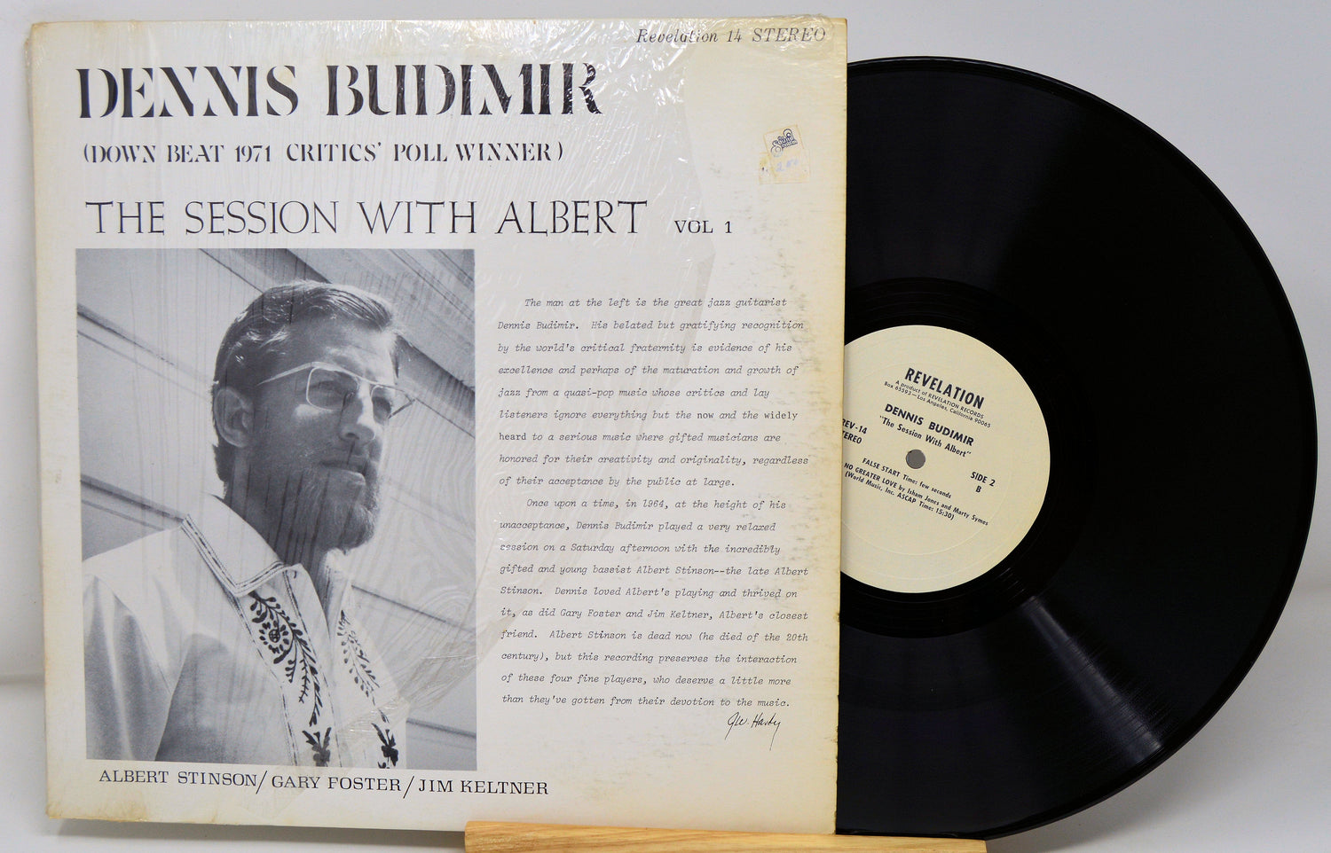 Front cover of Dennis Budimir 'Session With Albert' Vol 1 LP, pictured with vinyl record, Revelation 14