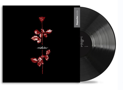 Black vinyl record with red floral design and cover on a white background