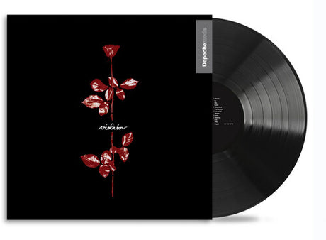 Black vinyl record with red floral design and cover on a white background