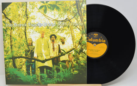 Vinyl record album for 'Joyful Noise' by The Derek Trucks Band, showing the illustrated cover on the left and the black Columbia LP on the right.