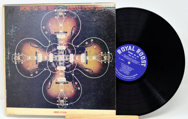 Front cover and vinyl of 'Designed For You' Johnny Smith Trio LP with guitars artwork