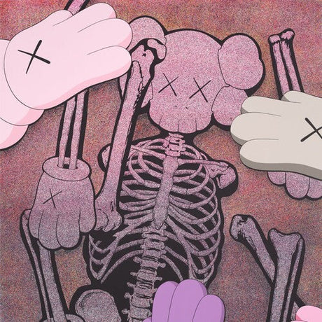 Close-up of KAWS Skeleton Companion art with colorful cartoon-style hands