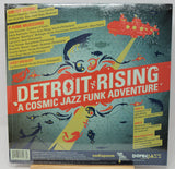 Back cover of Detroit Rising: A Cosmic Jazz Funk Adventure vinyl with album credits and tracklist