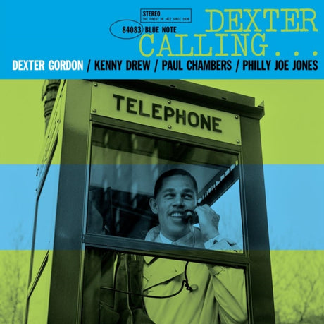 Album cover of 'Dexter Calling' featuring a telephone booth with a Dexter Gordon inside it holding the phone receiver to his ear.