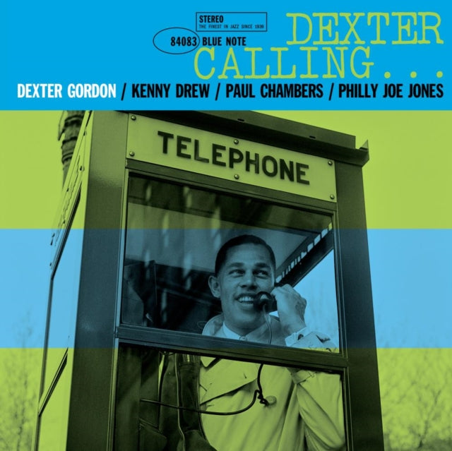 Album cover of 'Dexter Calling' featuring a telephone booth with a Dexter Gordon inside it holding the phone receiver to his ear.