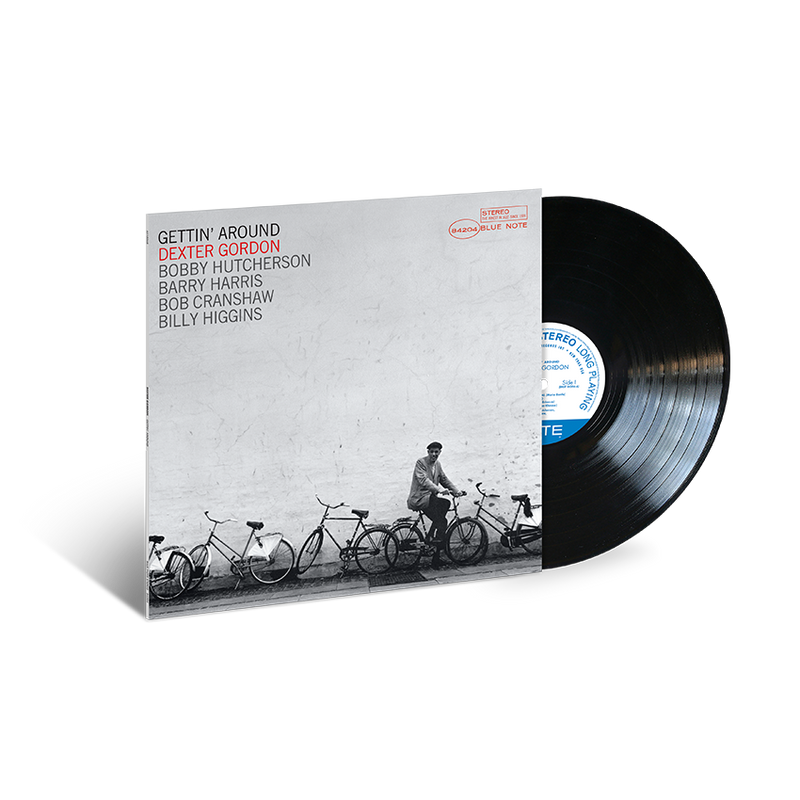 Vinyl record album cover for 'Gettin' Around' by Dexter Gordon featuring a black and white image of Dexter Gordon on a bicycle with a background of other bicycles, against a textured grey background. The label indicates it is a Blue Note Records album.