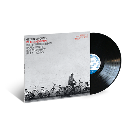 Vinyl record album cover for 'Gettin' Around' by Dexter Gordon featuring a black and white image of Dexter Gordon on a bicycle with a background of other bicycles, against a textured grey background. The label indicates it is a Blue Note Records album.