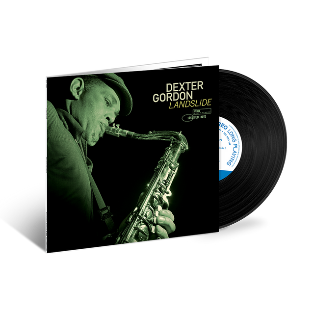 Dexter Gordon Landslide vinyl record with album cover featuring vibrant green tones