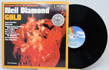 Vinyl record and cover with 'Neil Diamond Gold' on a light gray background