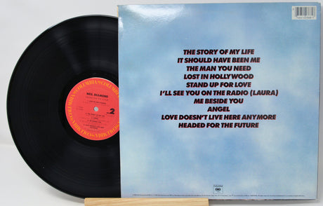 Vinyl record with a blue cover featuring text and a red label.