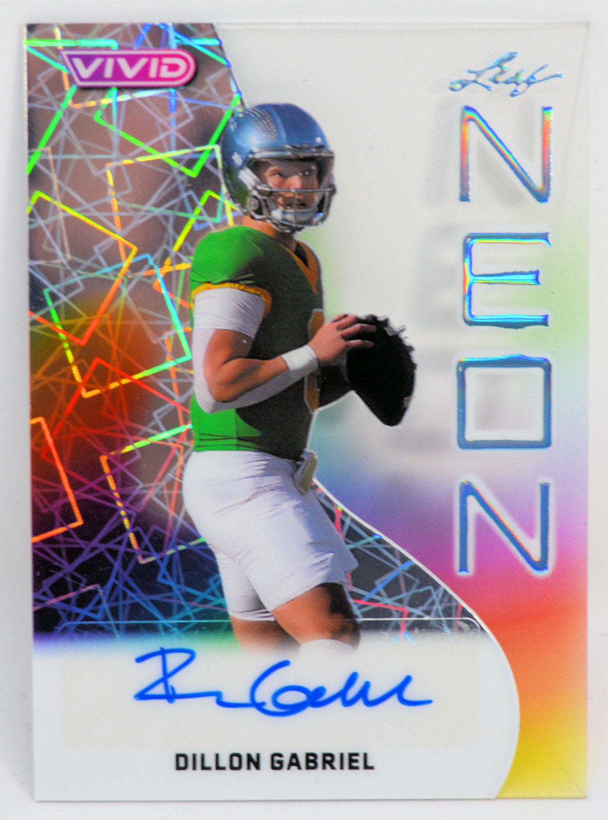 Front of Dillon Gabriel Leaf Vivid Neon autographed football trading card