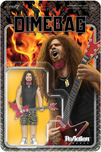 Dimebag Darrell ReAction figure packaging with flames and illustrated guitar artwork