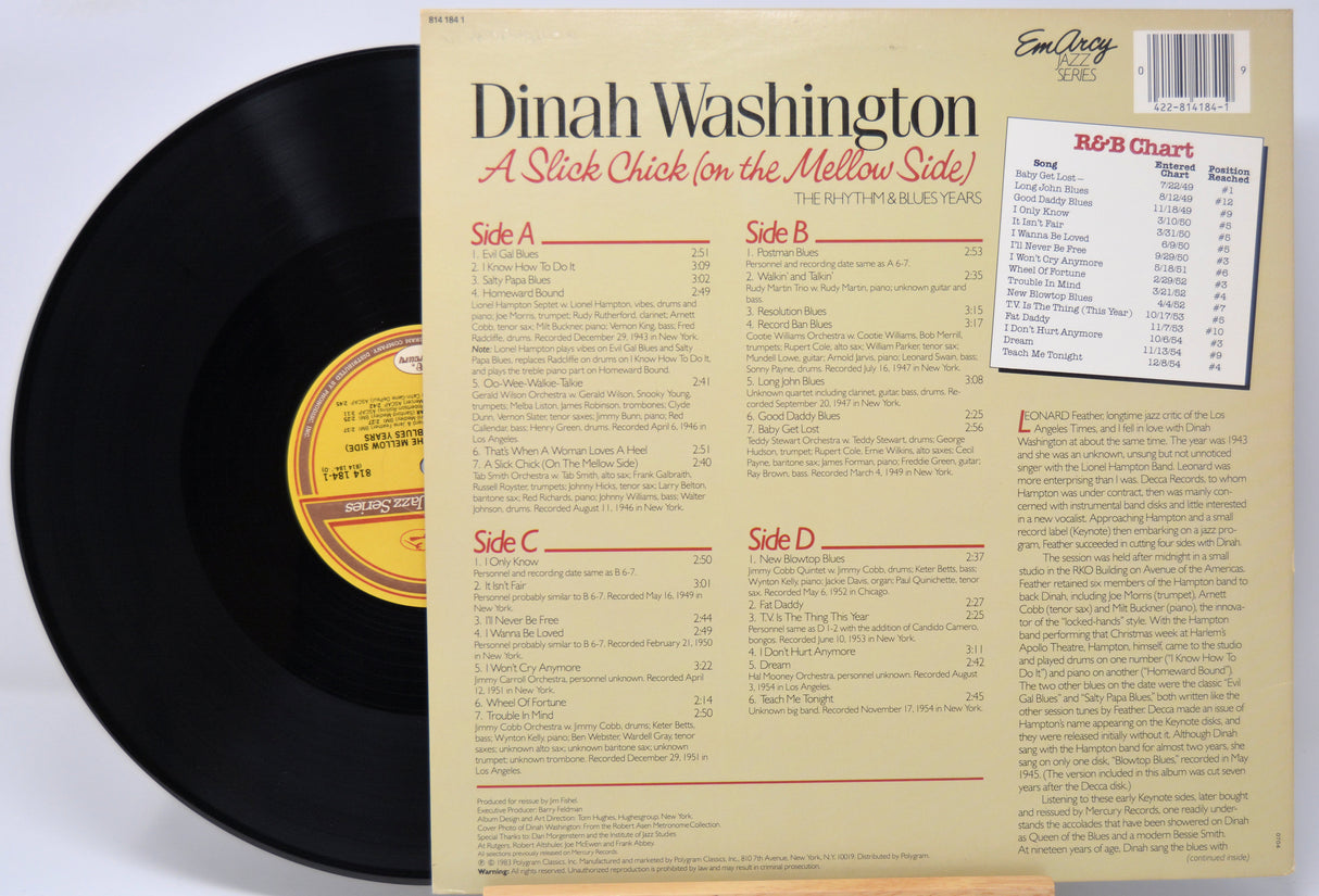 Vinyl record 'Dinah Washington A Slick Chick' with back cover featuring text of all the songs and credits.