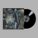 Vinyl record with a colorful cover featuring abstract designs on a gray background