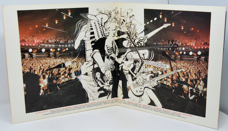 Illustration of musicians playing guitar on a concert stage with a crowd in the background.