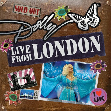 Dolly Parton Live from London album cover featuring concert imagery and UK-themed stickers