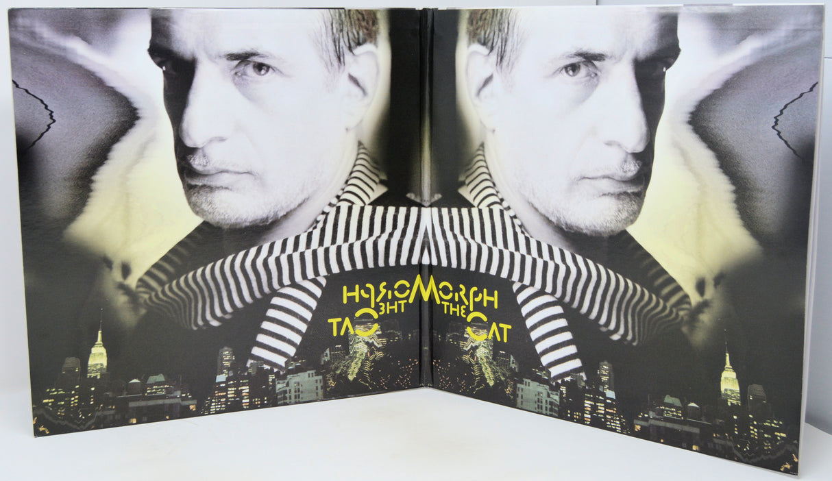 A folded book or album cover featuring a black-and-white portrait of a man wearing a striped shirt, with a city skyline at the bottom and the title 'How to Become the Cat' in yellow text.