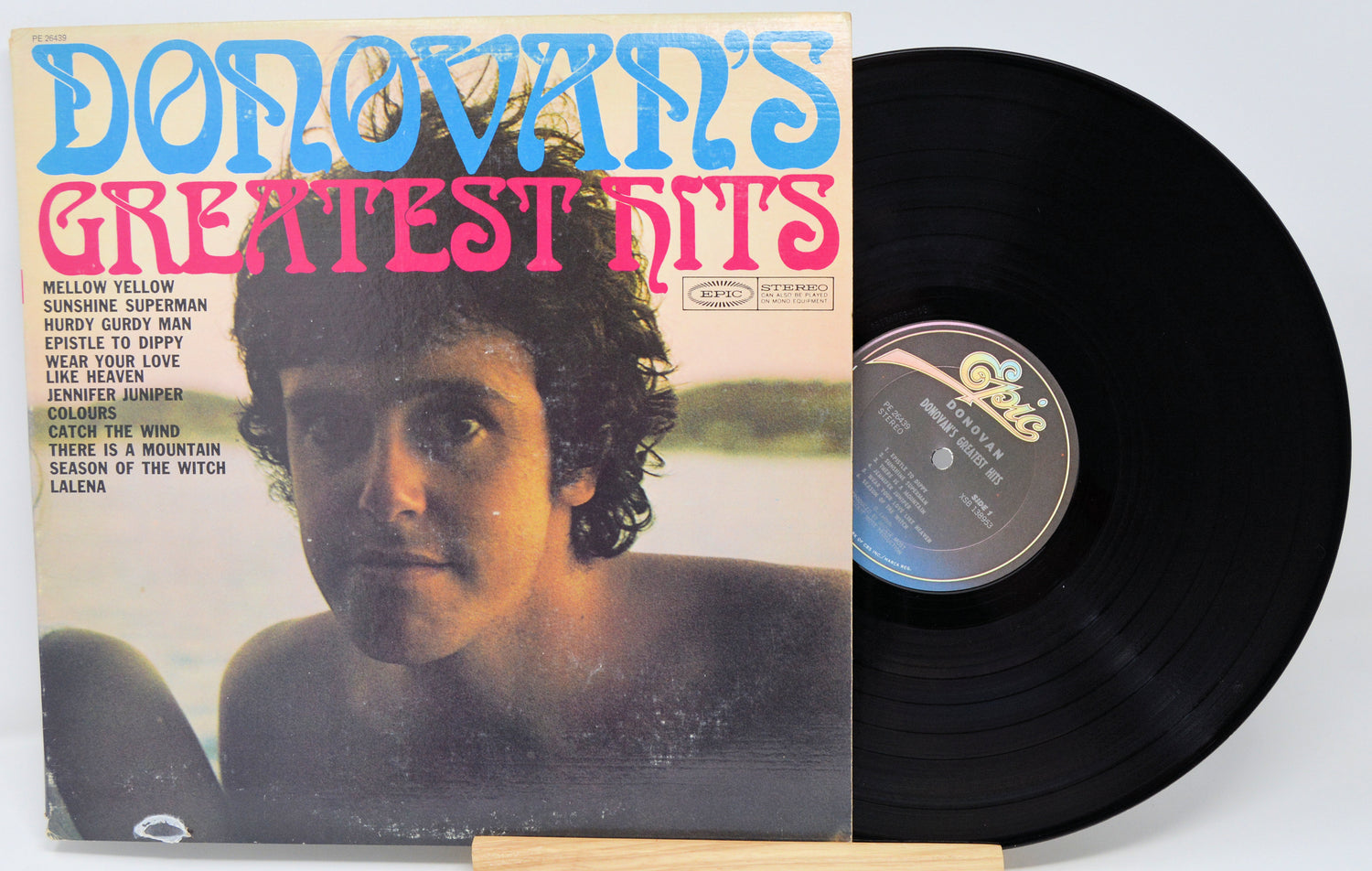 Vinyl record with cover titled 'Donovan's Greatest Hits' on a white background