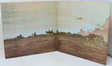 Open book with a landscape illustration of people on horseback and text on a white background