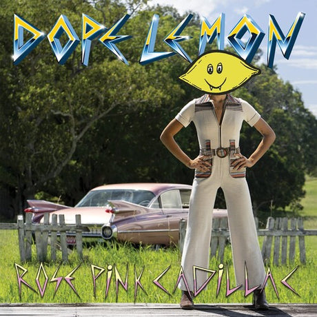 A person in a white jumpsuit standing in front of a pink Cadillac car with a 'Dope Lemon' text and lemon emoji above it, against a backdrop of trees.