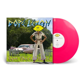 Vinyl record with a colorful cover featuring a person in a jumpsuit and a pink record.