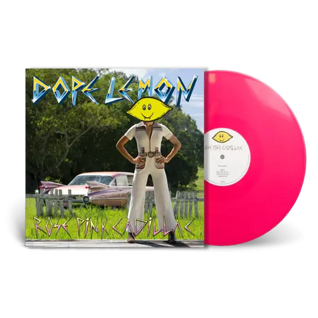 Vinyl record with a colorful cover featuring a person in a jumpsuit and a pink record.