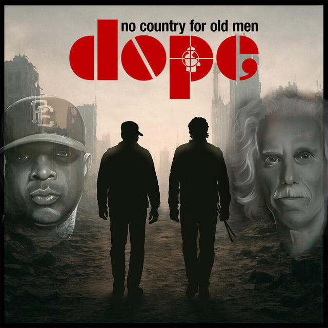 Vinyl Record cover for 'No Country for Old Men' by Dope with silhouettes and faces of Chuck D and John Densmore.