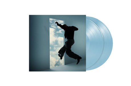 Limited edition double blue vinyl record featuring surreal artwork of a person leaping through a doorway into the sky