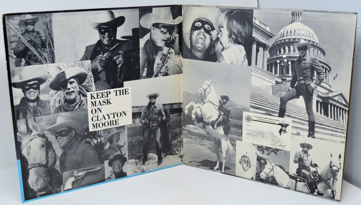 Collection of black and white photos featuring a masked character, including a horse and a building.