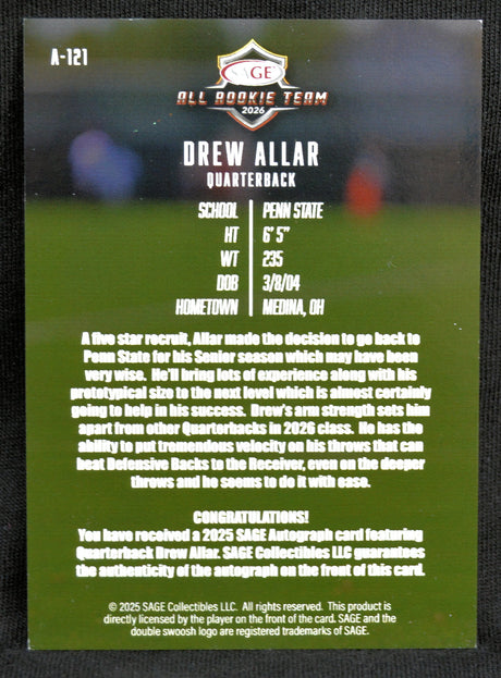 Football trading card for Drew Allar with player information and text on a green background