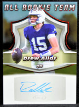 Football trading card for Drew Allar with a picture of him in his college uniform and his autograph below him with the text 'All Rookie Team' at the top.