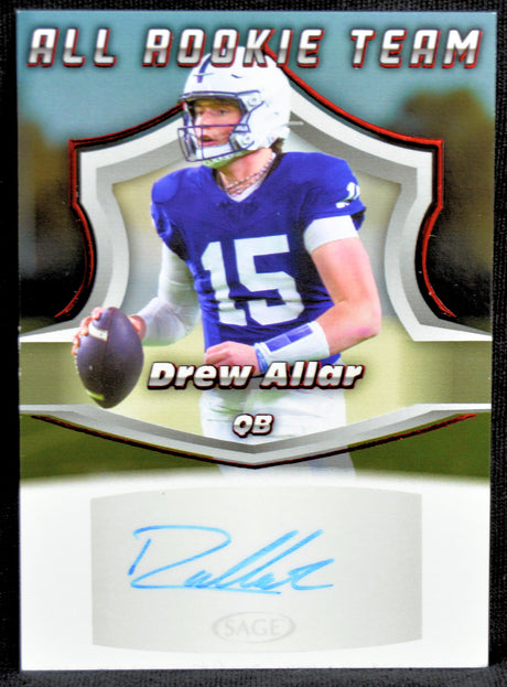 Football trading card for Drew Allar with a picture of him in his college uniform and his autograph below him with the text 'All Rookie Team' at the top.