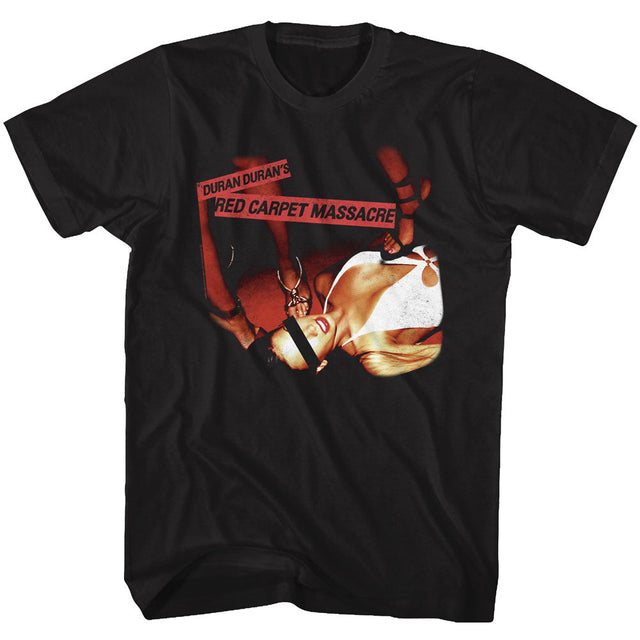 Black t-shirt featuring Duran Duran's Red Carpet Massacre album artwork with dramatic graphic design