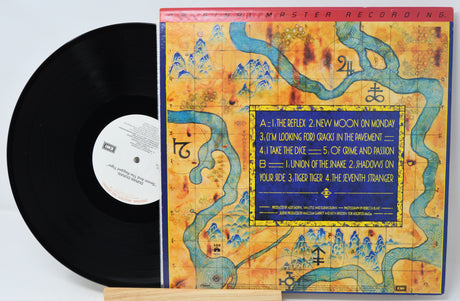 Vinyl record with colorful cover featuring abstract designs and text.