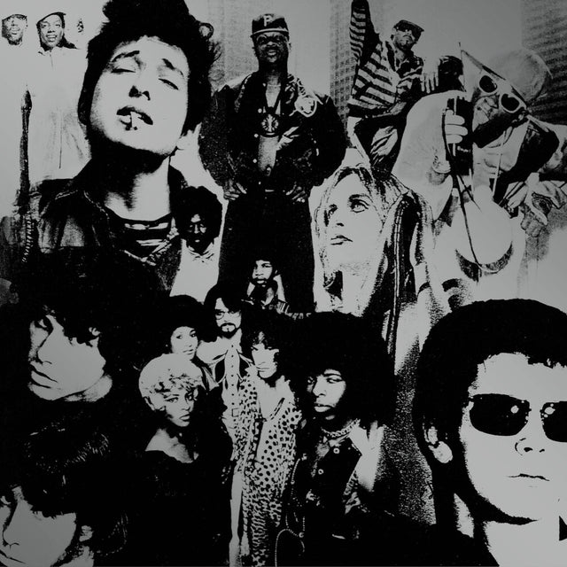 Black and white collage of various people in different poses and outfits.